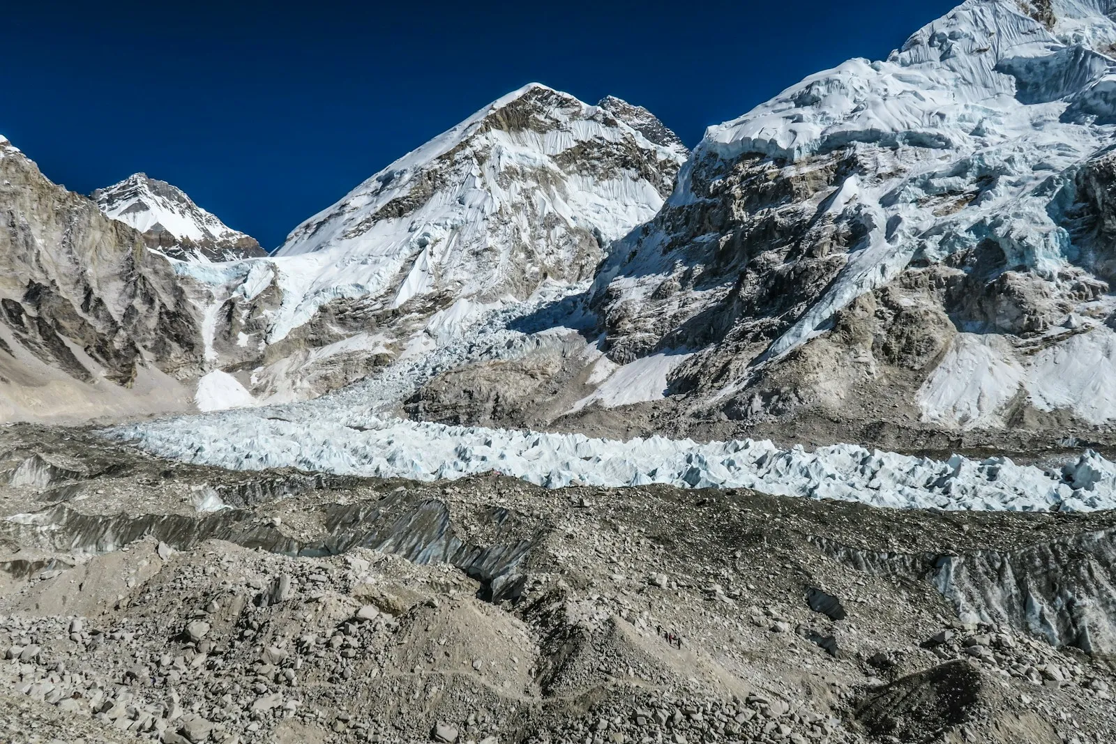 The Khumbu Icefall lying directly above Base Camp — a maze of ice that has to be threaded with a route