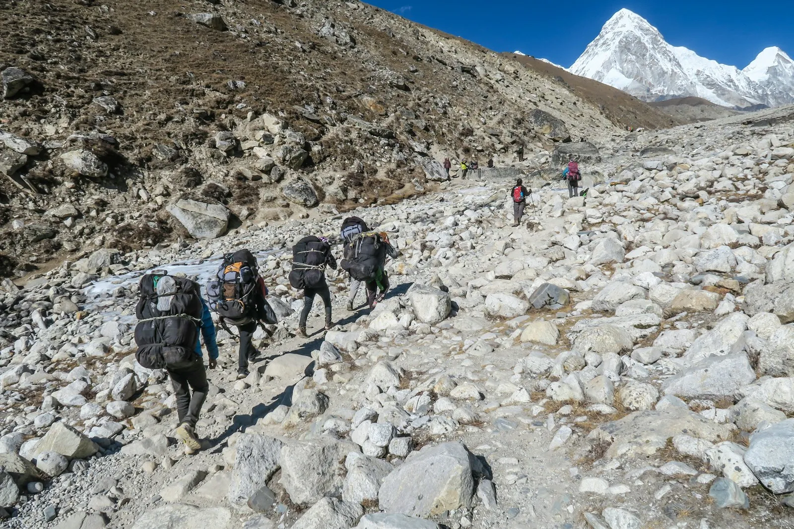 A line of porters carrying loads along the route to Everest Base Camp