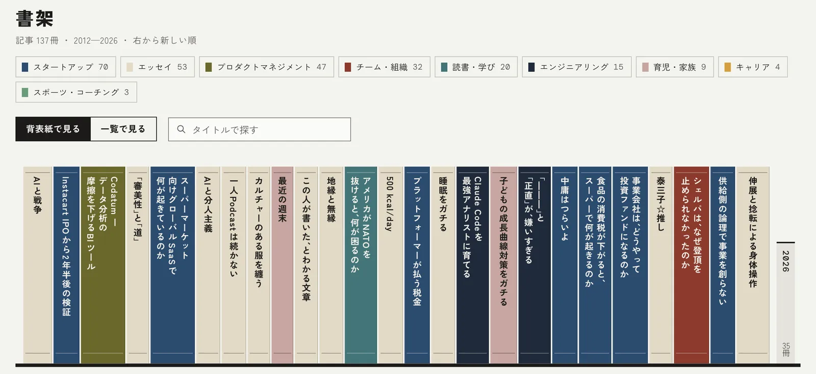ホームの書架。背の厚みは字数、色は最初のタグで決まります